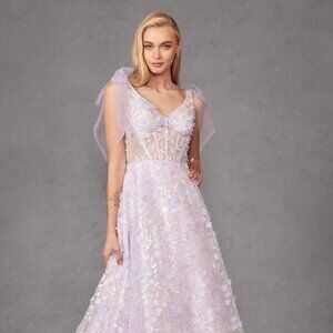 NEW LONG A-LINE SLEEVELESS EVENING DRESS WITH BOWS ON THE TIE STRAPS JT2439K